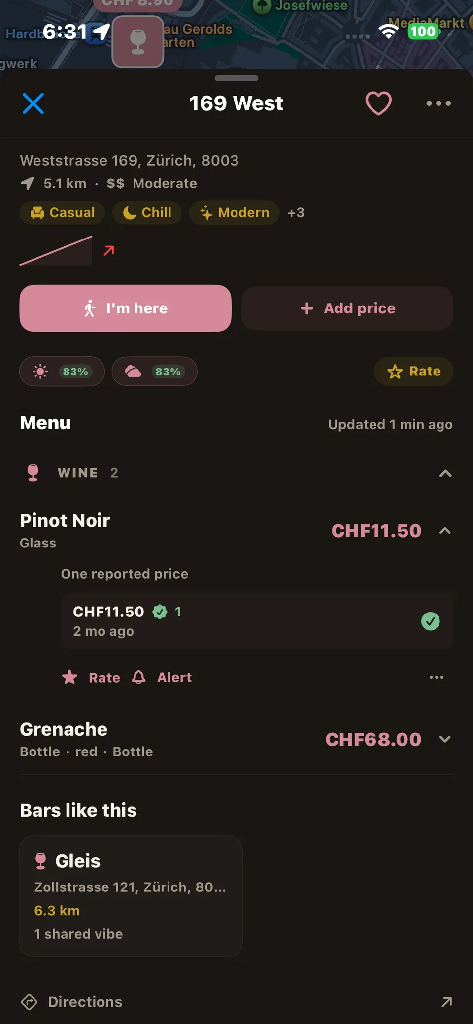 Bar page with menu and ratings