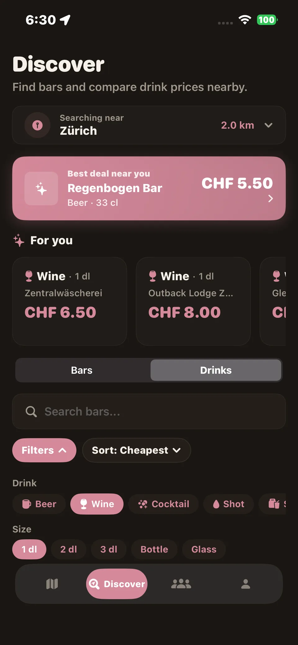 Discover screen listing nearby bars