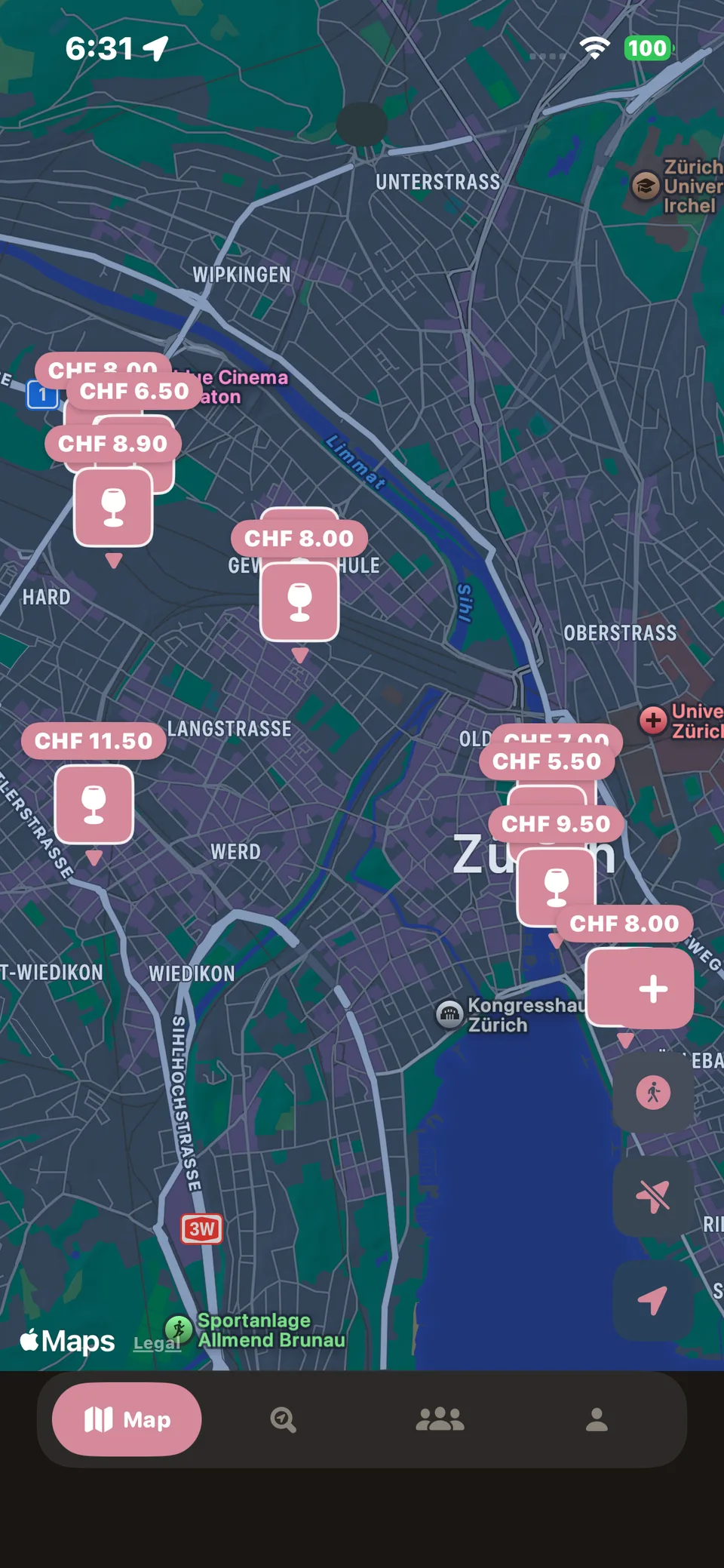 Map with prices pinned to bars